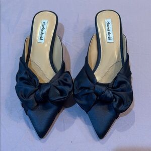 Charles David Navy Satin Pointed-Toe Bow Mules